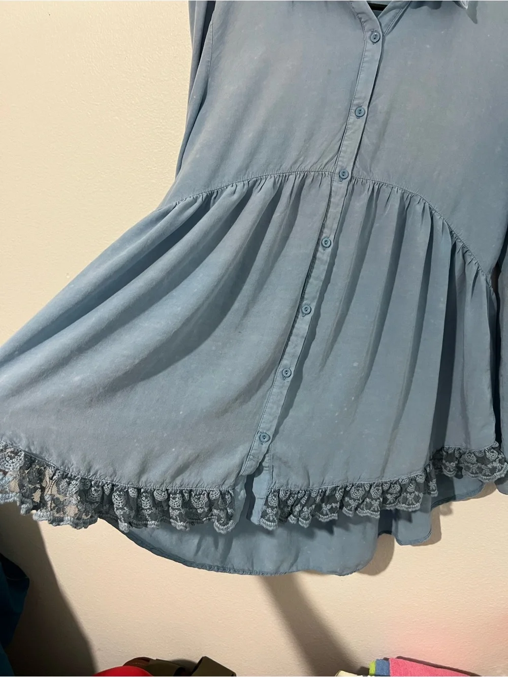 Umgee Dusty Blue Button-Front Baby doll Peplum Tunic with Lace Hem - Picture 9 of 16